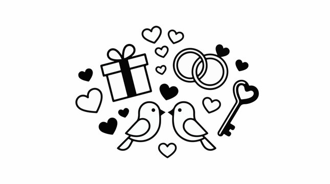 A romantic collection of symbols including two birds kissing and wedding rings