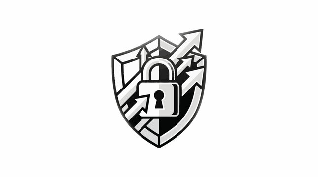 A shield graphic with a padlock and upward arrows symbolizing protection