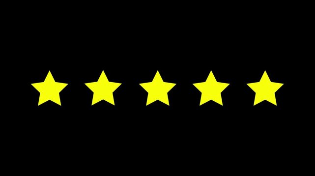 Five stars rating animation video. Special with rating star icon animation. Golden glowing five star flat symbol animation