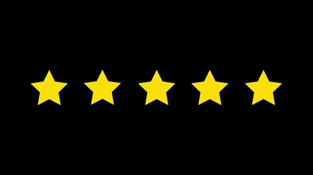 Five stars rating animation video. Special with rating star icon animation. Golden glowing five star flat symbol animation