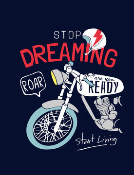 typography slogan with cartoon motorcycle vector illustration for kid's fashion print