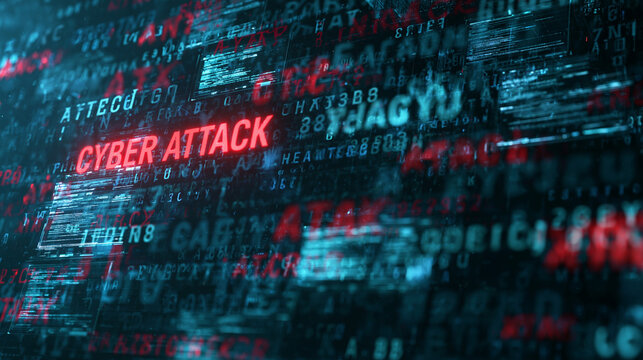 Abstract data visualization showing cyber attack text over glowing code and digital encryption elements.