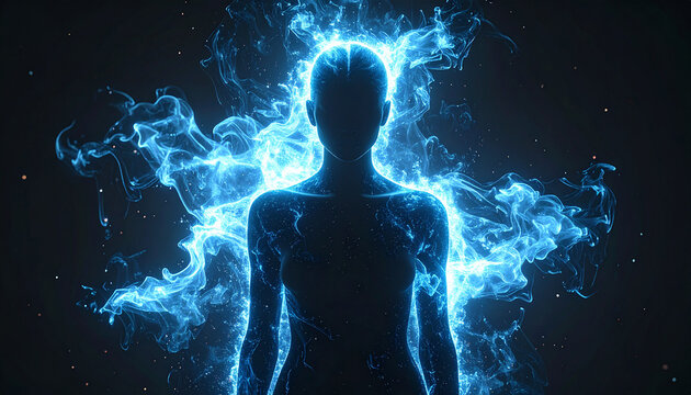 青白いエネルギーオーラをまとった全身人物シルエットのパワーアップ演出
Full body human silhouette surrounded by blue white power up energy aura
