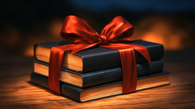 Three dark-bound books stacked neatly