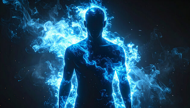 青白いエネルギーオーラをまとった全身人物シルエットのパワーアップ演出
Full body human silhouette surrounded by blue white power up energy aura
