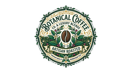 Fototapeta premium Artisan Roasted Coffee Emblem with Botanical Elements