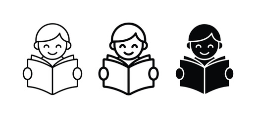 Reading Children Icons, Book Lover Vector Graphics, Education Symbol Set