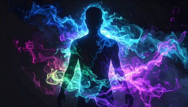 幻想的なオーロラオーラに包まれた人物シルエットのスピリチュアルアート
Mystical human silhouette enveloped in glowing aurora energy aura