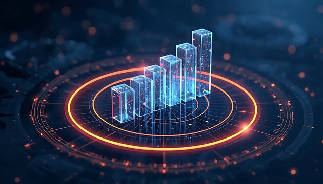 Rising bar graph within circular neon interface glowing with orange and blue light effects.