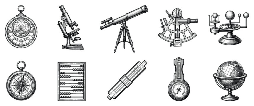 Vintage scientific instruments icons set. Old tools for exploration and measurement concept. Includes astrolabe, microscope, telescope, sextant, orrery, compass, abacus, slide rule,