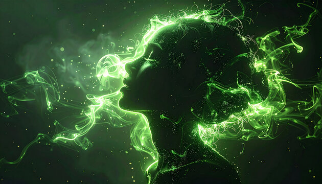 癒しの緑色エネルギーオーラをまとう人物シルエット
Human silhouette surrounded by soothing green healing energy aura