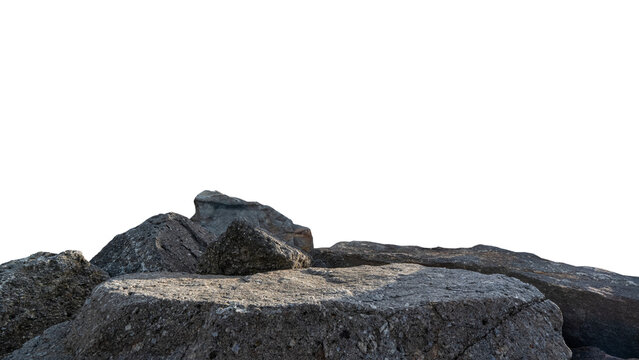 Rock Podium isolated, Stone stand Display product on white background,Stones Sea formation located part of the mountain,Group of Cliff Rock with natural rough texture surface with clipping path.