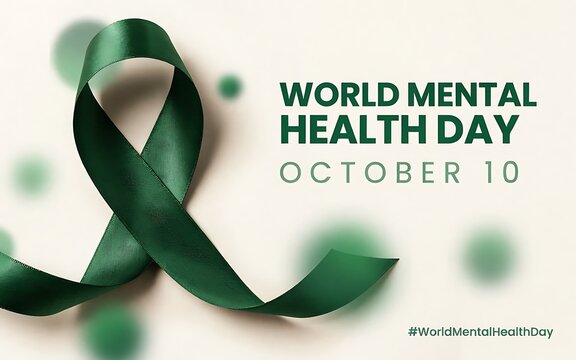 Green ribbon representing world mental health day awareness on a soft light background