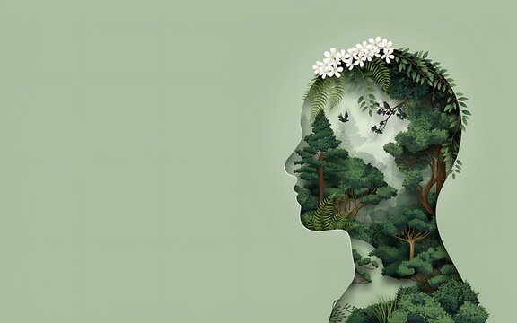 Double exposure portrait of a woman merged with lush green forest foliage and nature elements