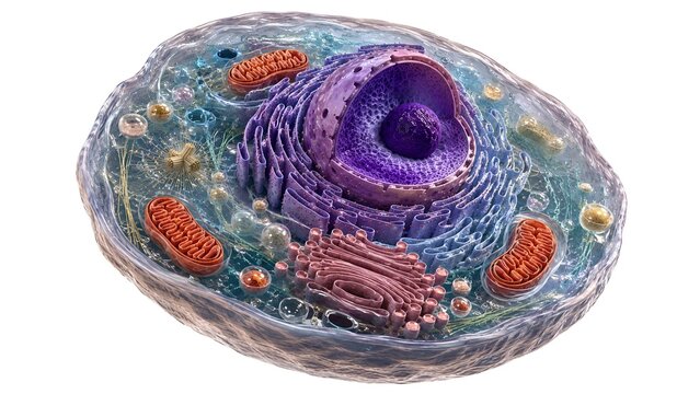 3d illustration of human cell cross section showing nucleus mitochondria organelles and cytoplasm on white background with depicts detailed 3D cutaway animal cell