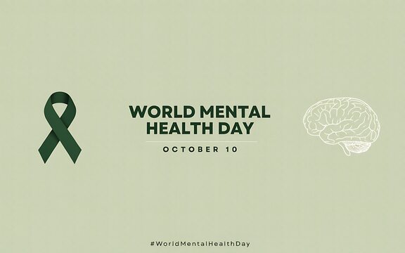 World mental health day banner with green awareness ribbon and brain icon on light background