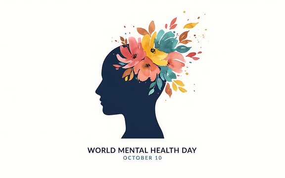 Silhouette of a human head with colorful watercolor flowers blooming from the mind representing mental health
