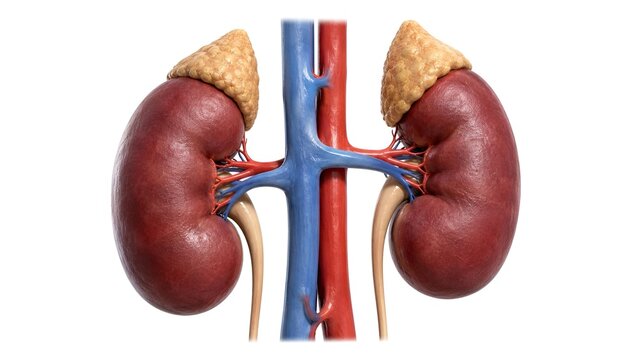 Human urinary system showing paired kidneys with adrenal glands and major blood vessels anatomy with detailed medical rendering connected major arteries