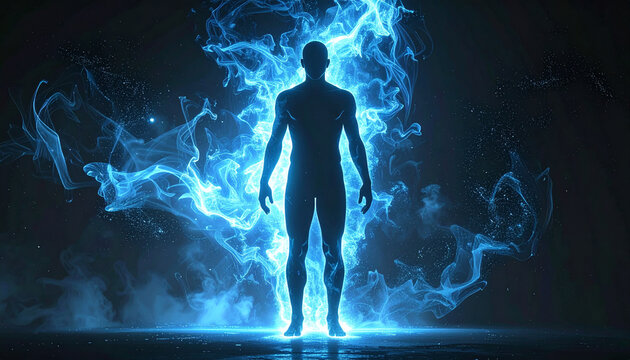 青白いエネルギーオーラをまとった全身人物シルエットのパワーアップ演出
Full body human silhouette surrounded by blue white power up energy aura