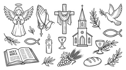Obraz premium Christian symbol set with cross bible angel praying hand church dove