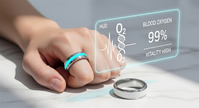 Smart ring tracking health data, wearable technology displaying vital signs on hologram HUD
