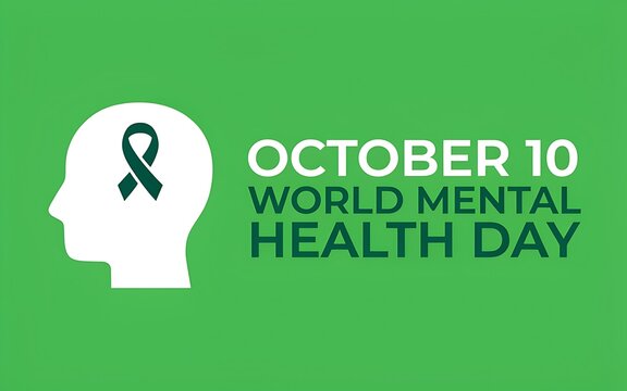 World mental health day graphic with a human head silhouette and awareness ribbon on green background