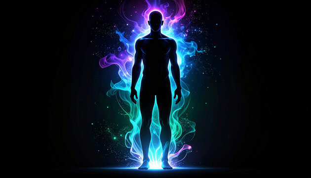 オーロラのような幻想的オーラに包まれた全身人物シルエット
Full body human silhouette surrounded by mystical aurora energy aura