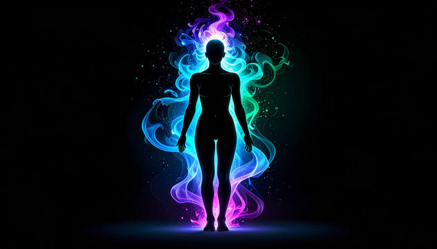 オーロラのような幻想的オーラに包まれた全身人物シルエット
Full body human silhouette surrounded by mystical aurora energy aura