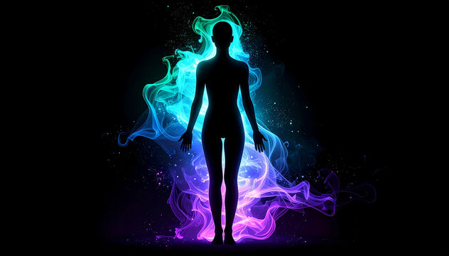 オーロラのような幻想的オーラに包まれた全身人物シルエット
Full body human silhouette surrounded by mystical aurora energy aura