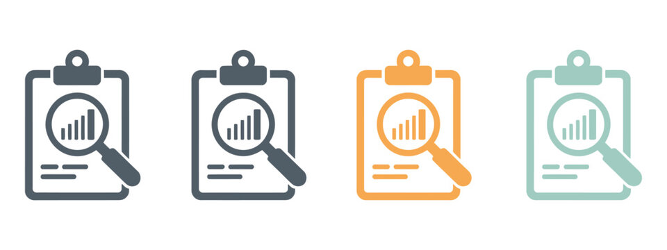 Analyze company growth icon set, business report analysis symbols with magnifying glass, talent management, skill gap evaluation and performance measurement glyph icons, clean vector illustration