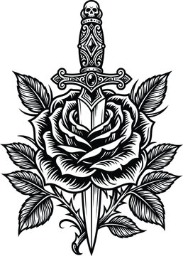 Detailed traditional tattoo style rose and dagger with skull vector art