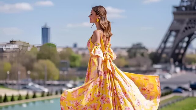 Paris, France, Europe. A vivid portrayal of a woman standing in front of the Eiffel Tower in Paris, France. She wears a long, flowy yellow dress with pink floral patterns.