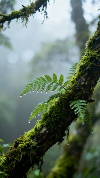 moss-covered tree branches in soft morning mist, delicate water droplets, fresh green tones with diffused natural light, serene and immersive nature mood