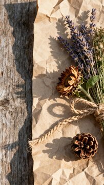 crumpled kraft paper with dried flowers, twine and a small pine cone on wooden surface, soft neutral tones and natural shadows, minimalist rustic aesthetic, negative space on the left