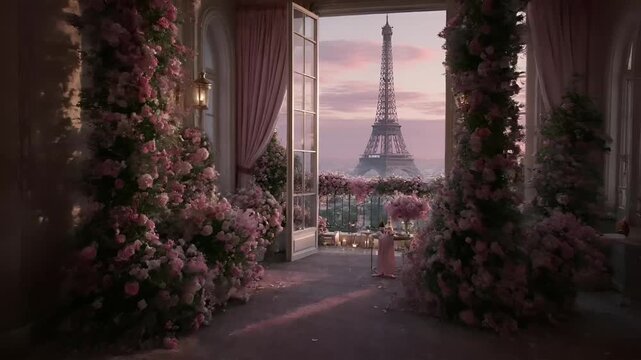 Paris, France, Europe. A detailed, romantic depiction of the Eiffel Tower in Paris, France, bathed in the soft pink and purple hues of the setting sun.