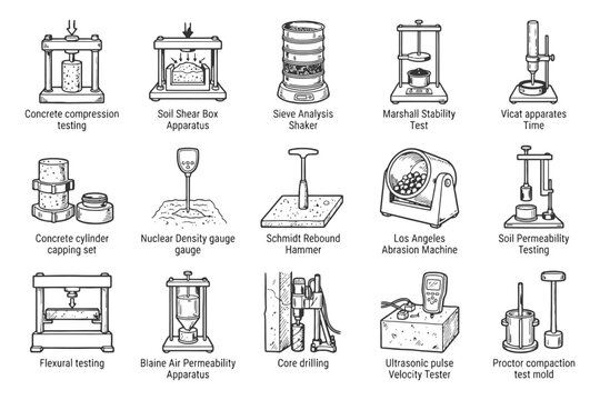 Collection of engineering testing apparatus for construction and material analysis.