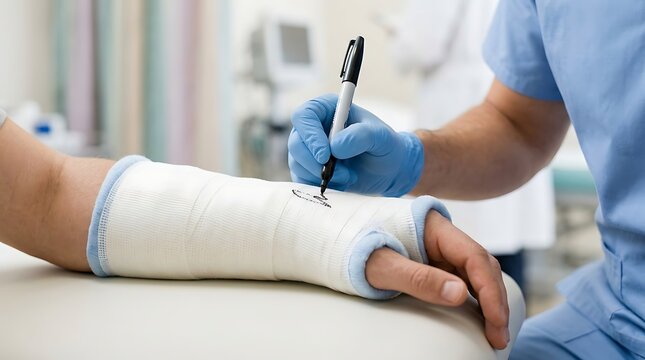Doctor writing on a white medical cast covering a patient arm in a hospital clinic setting