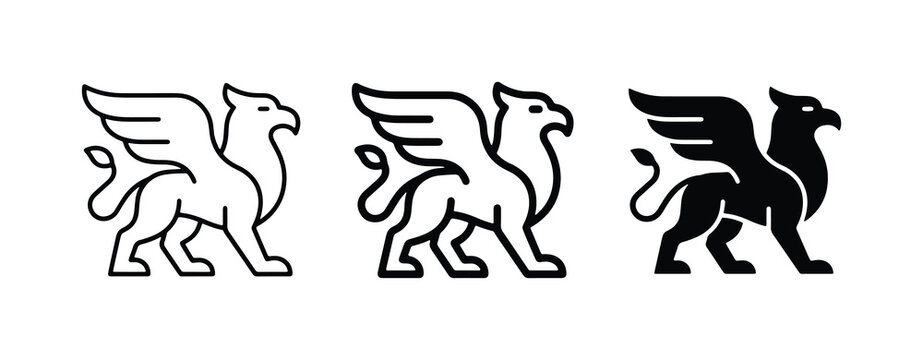 Griffin Icons Set, Mythical Creature Vector Graphics, Heraldic Symbol Line Art