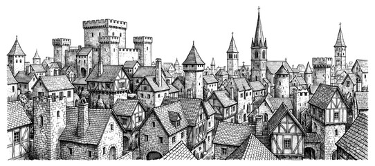 Obraz premium Medieval town panorama with old castle fortress house and church tower