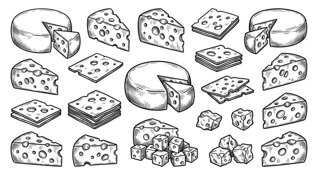 Cheese set with whole wheel block slice cube and swiss maasdam piece