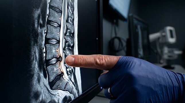 Doctor pointing at lumbar spine mri scan on computer screen in a professional medical laboratory