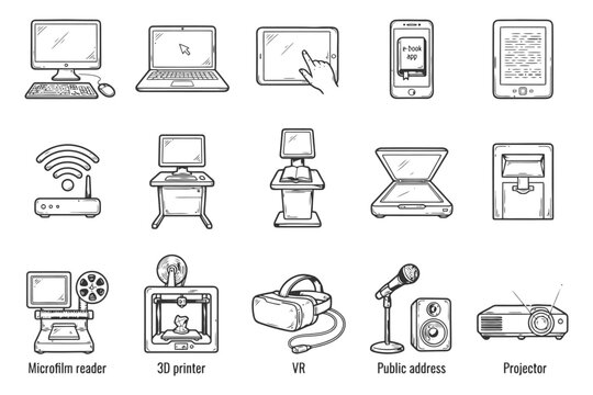 Vintage and modern technology devices: computers, tablets, projectors, and vr.