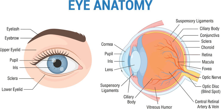 Human eye anatomy chart, optical structure, and detailed medical vector diagram