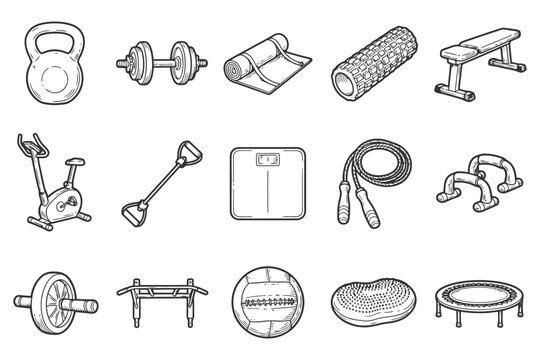 Sketch of various gym equipment including weights and exercise tools.