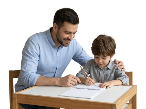 Father helping son with schoolwork