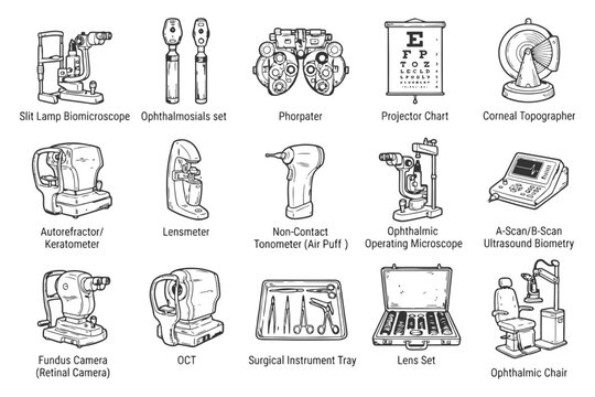 Ophthalmic instruments: comprehensive collection of vision testing and diagnostic tools.