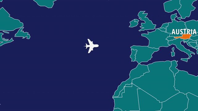 Flight Map Animation Showing Airplane Route Travelling From USA to Austria. Perfect visual for video editors, content creators, and marketing agencies needing high-end geographical transitions.