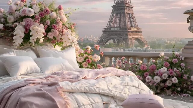 Paris, France, Europe. A romantic bedroom scene features the Eiffel Tower in the background. The main subject is a lavish bed adorned with white linens and a soft pink blanket.