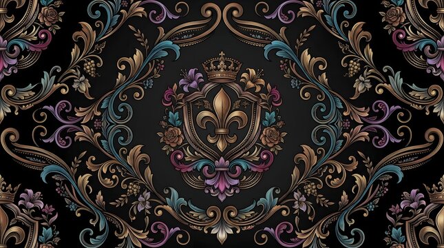 Elegant golden fleur de lis emblem featuring an ornate royal crown centered within a symmetrical damask pattern of swirling acanthus leaves and blooming roses 