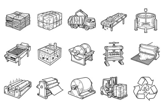 Recycling and manufacturing process: detailed line art of industrial equipment and machinery.